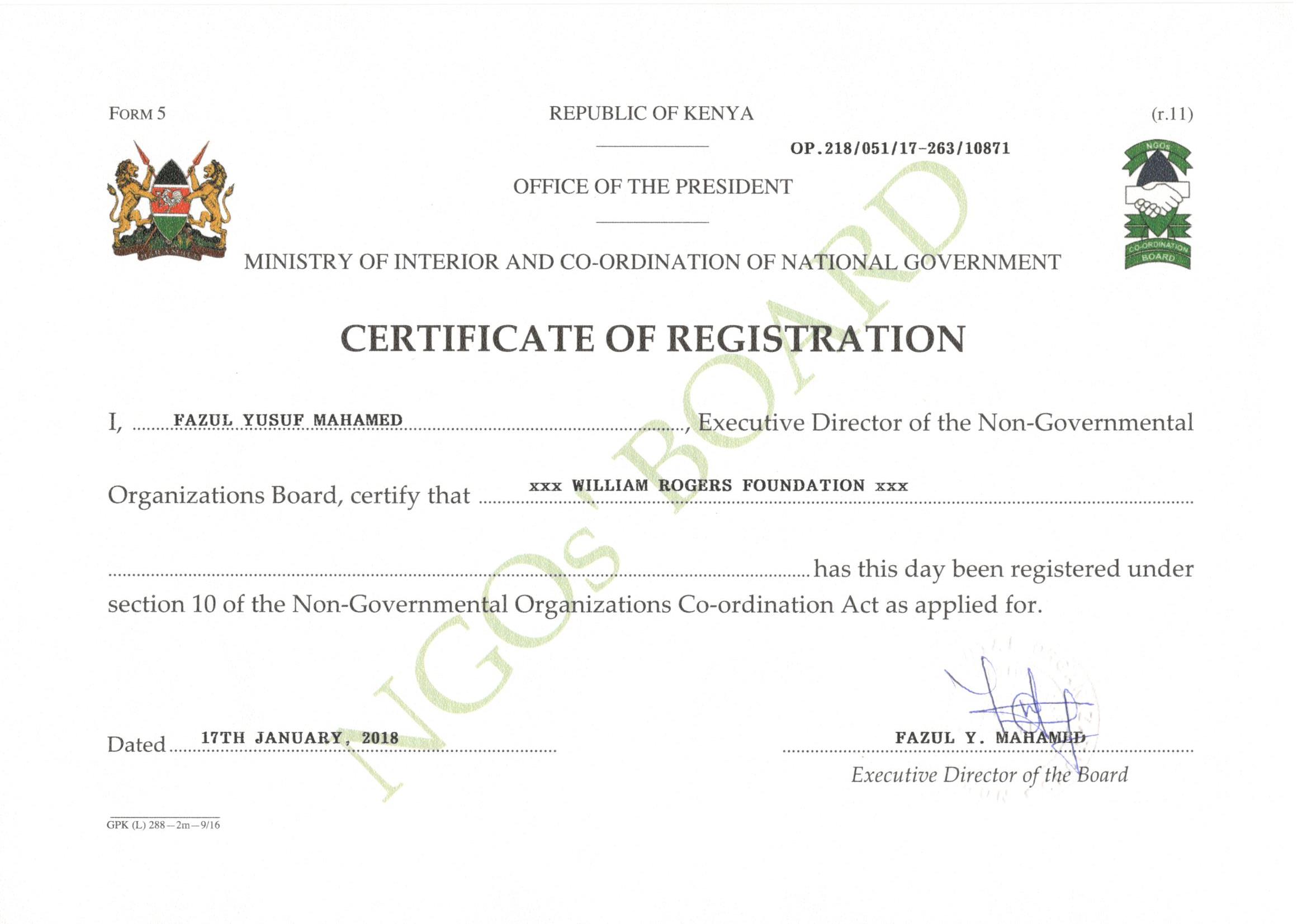 Certificate Of Registration